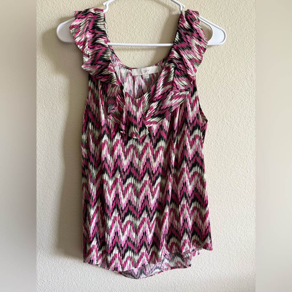 NWT LOFT Pink and Black Chevron Ruffle Top